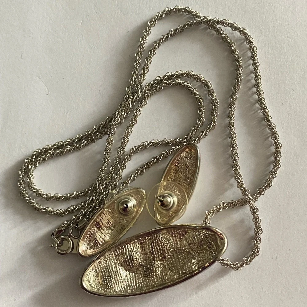 Rare! Vintage Whiting Davis Silver Earrings Pendant & Intricately Woven Chain Se